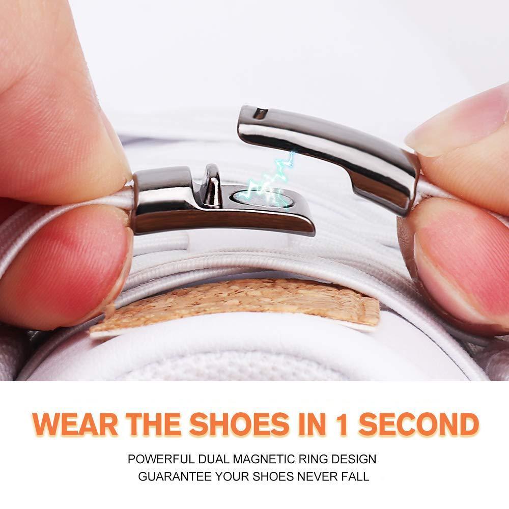 Grey no-tie shoelaces, showcasing the innovative magnetic lock feature
