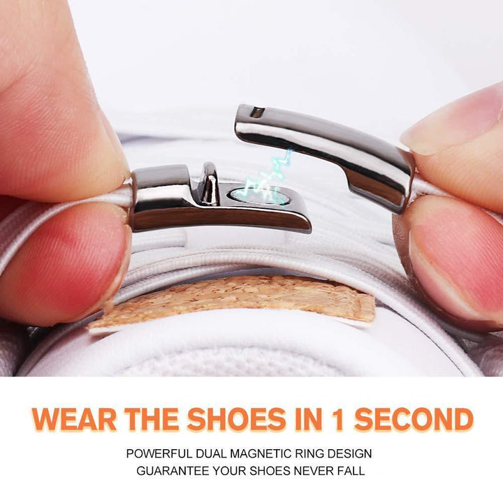 Grey no-tie shoelaces, showcasing the innovative magnetic lock feature