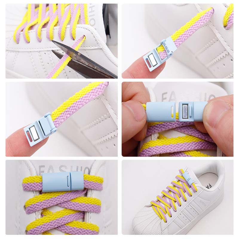Child tying shoes with magnetic buckles, illustrating ease of use for young ones