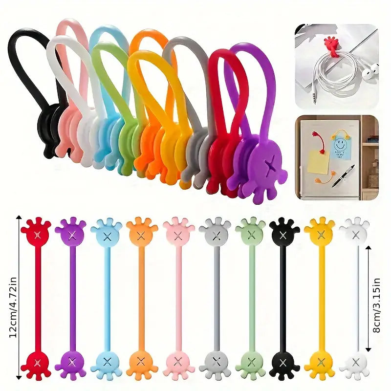 Multiple magnetic silicone cable organizers in various colors, neatly arranged as home office gift ideas.