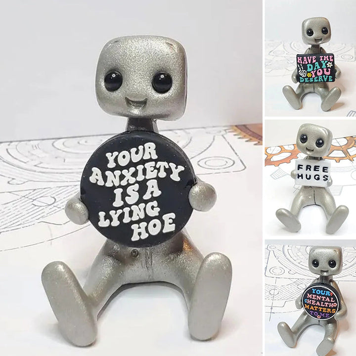 Inspirational robot desk companion, a unique mental health figurine for office desks