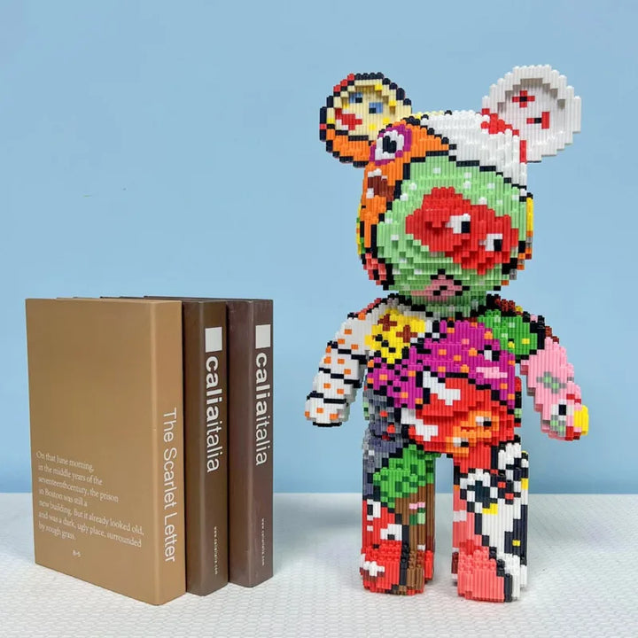 Assembled Micro Block Bear model, vibrant pixel art desk decor from a DIY construction kit.