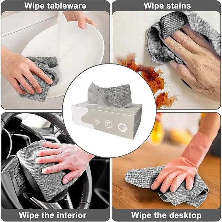 Hand holding a blue microfiber cleaning cloth, ready for kitchen spills.