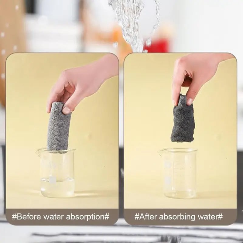 Microfiber cleaning cloth wiping a shiny kitchen counter, super absorbent.