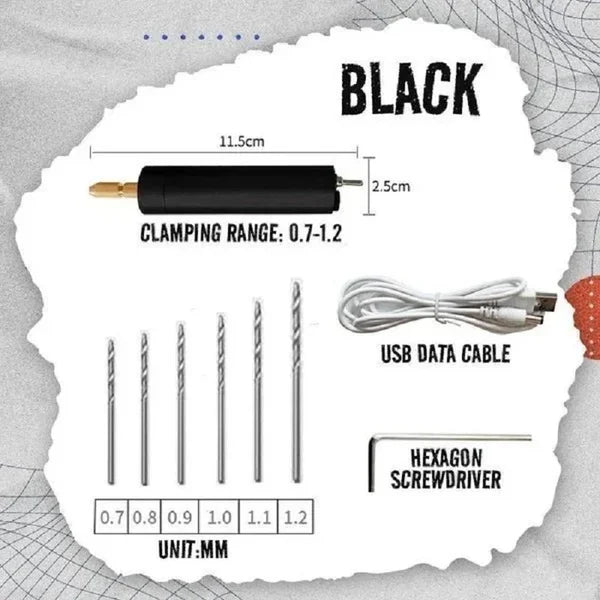 Portable mini drill kit featuring multiple bits, designed for versatile use in small-scale DIY applications.
