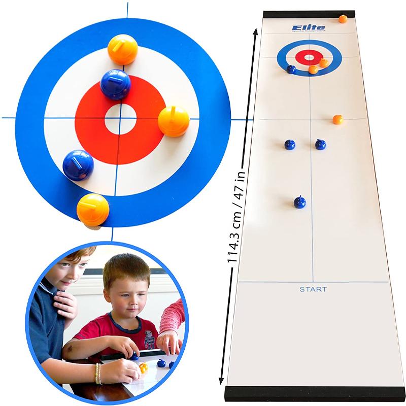 Family-friendly tabletop curling set with a smooth playing surface and eight curling stones for competitive fun.