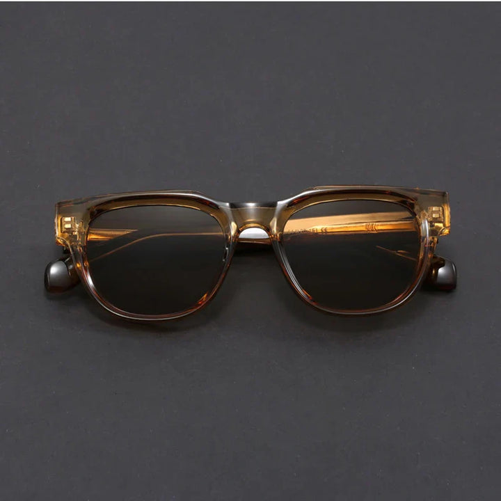 Stylish unisex square sunglasses with dark lenses, contemporary design, side profile