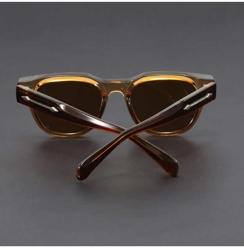Contemporary unisex square sunglasses, black frame with reflective lenses, outdoor shot