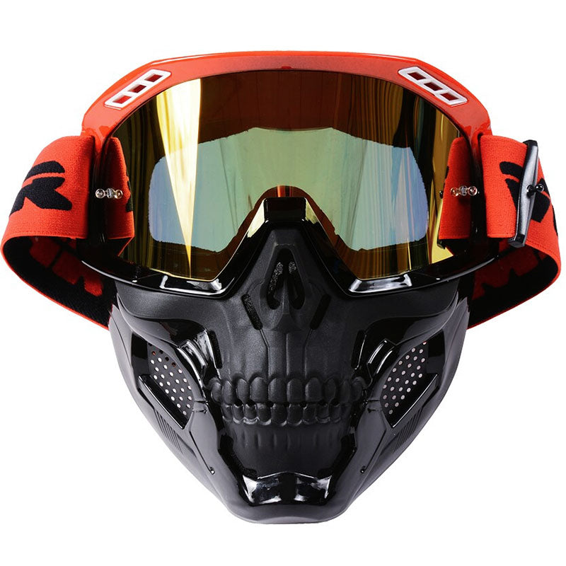 Close-up of durable black frame motorcycle goggles, anti-fog clear lens for superior riding protection.