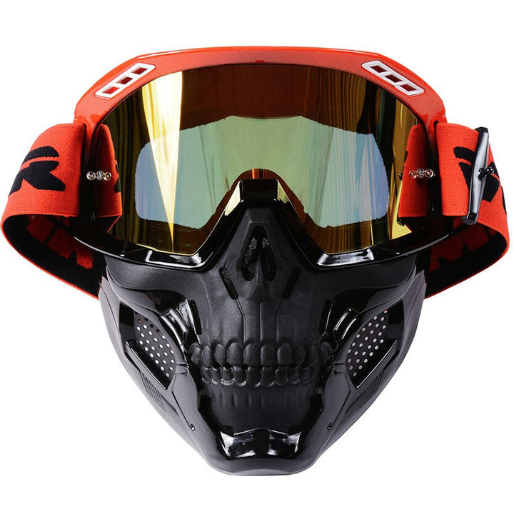Close-up of durable black frame motorcycle goggles, anti-fog clear lens for superior riding protection.