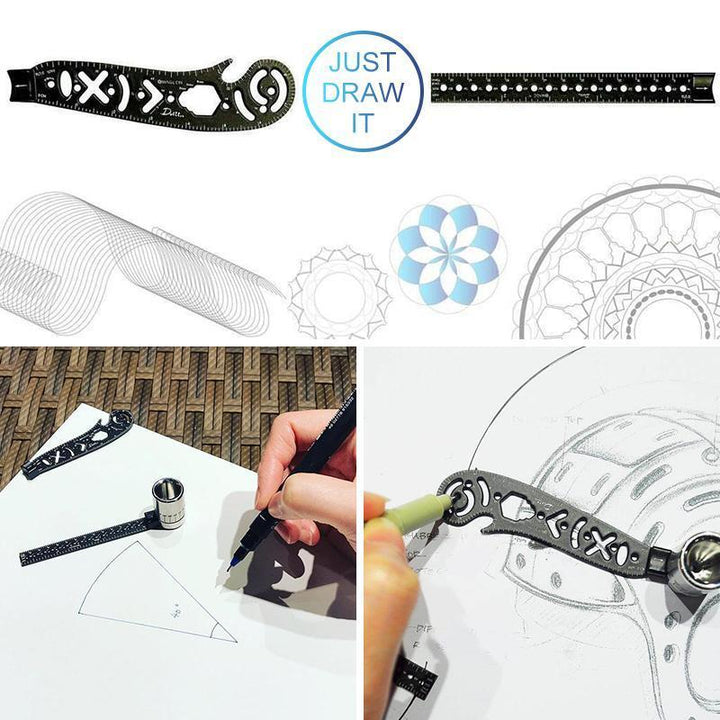 Portable engineer tool: multi-function metal ruler with integrated compass