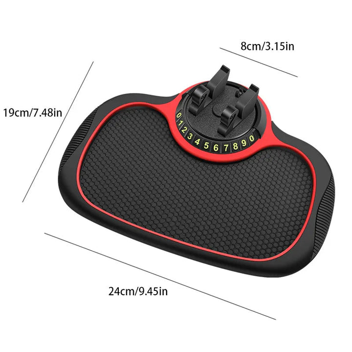 Auto organizer dashboard mat, non-slip, with phone holder and a clear temporary parking number display