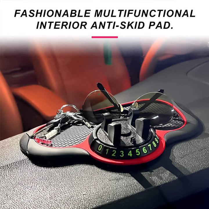 Multifunction car dashboard mat, PVC, featuring phone holder, parking plate and storage for car keys