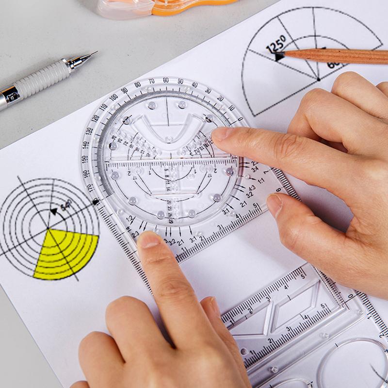 Multifunctional drawing ruler with geometric shapes, great for math, design, and art students. clear plastic.