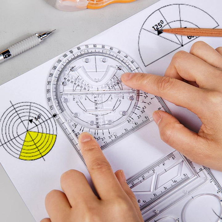 Multifunctional drawing ruler with geometric shapes, great for math, design, and art students. clear plastic.