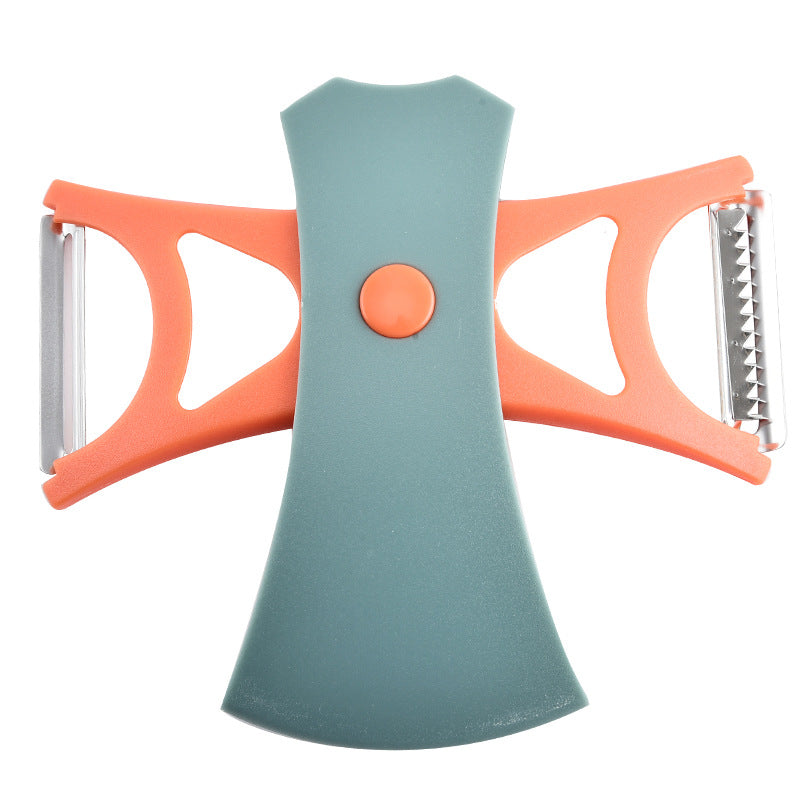 Display of all three peelers in the multifunctional set, highlighting their distinct blade types.