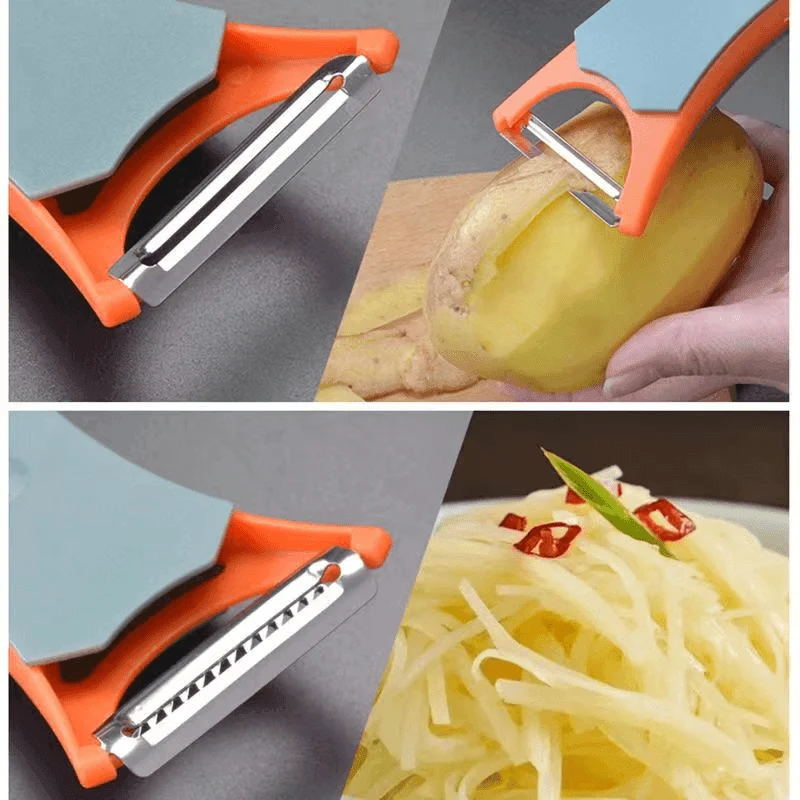 Ergonomic handle kitchen peeler set, perfect for peeling vegetables, fruits, and creating julienne strips.