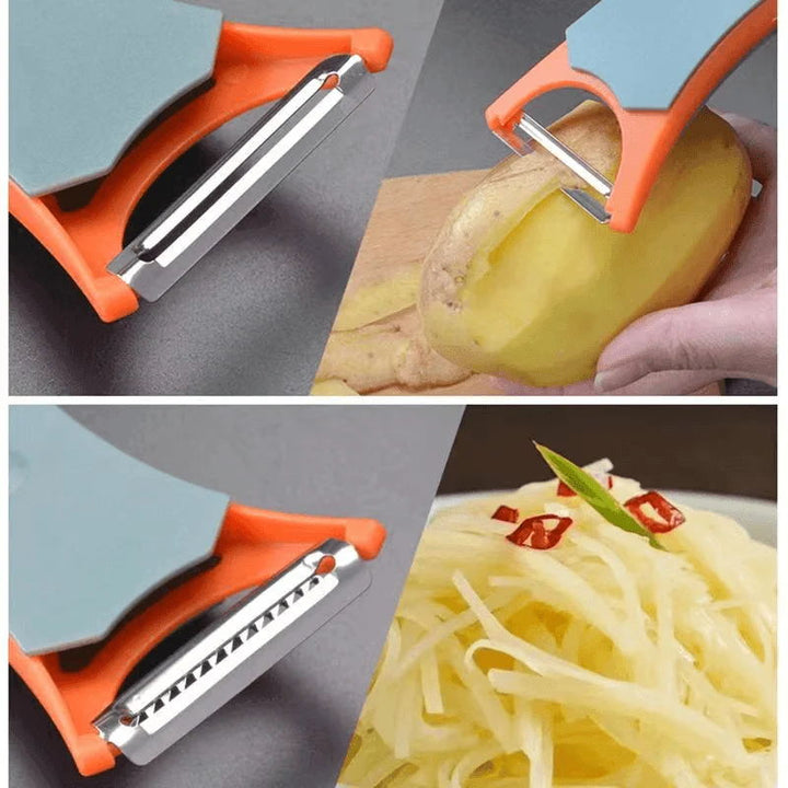 Ergonomic handle kitchen peeler set, perfect for peeling vegetables, fruits, and creating julienne strips.