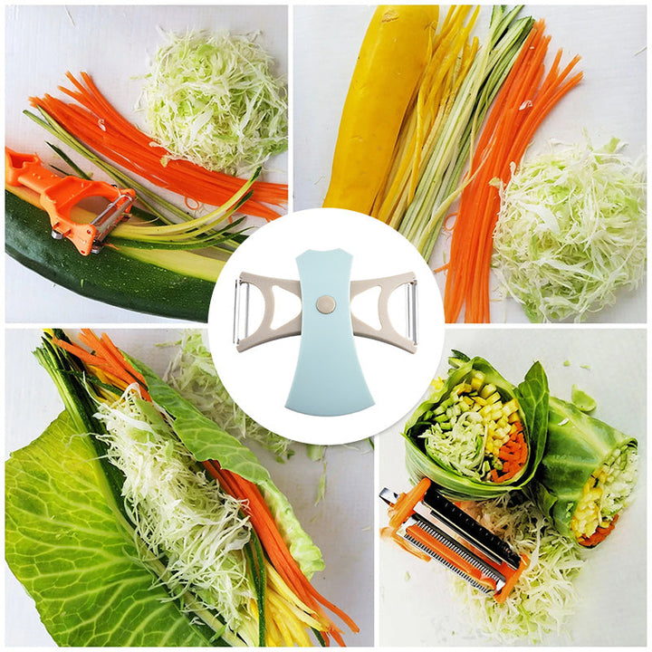 Stainless steel peeler set for the kitchen, featuring sharp blades for efficient food preparation.