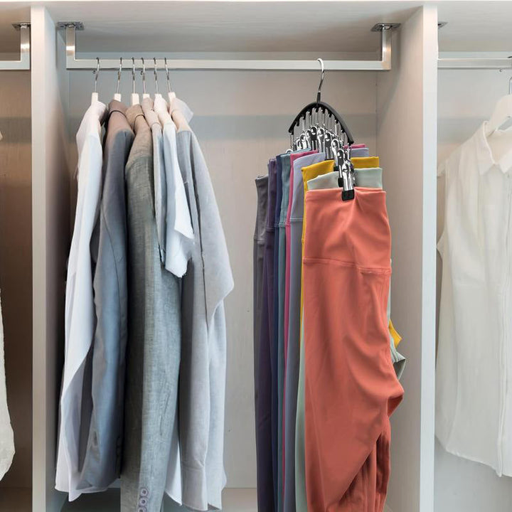 Innovative stainless steel pants hanger, multi-layered design for maximizing space in any wardrobe.