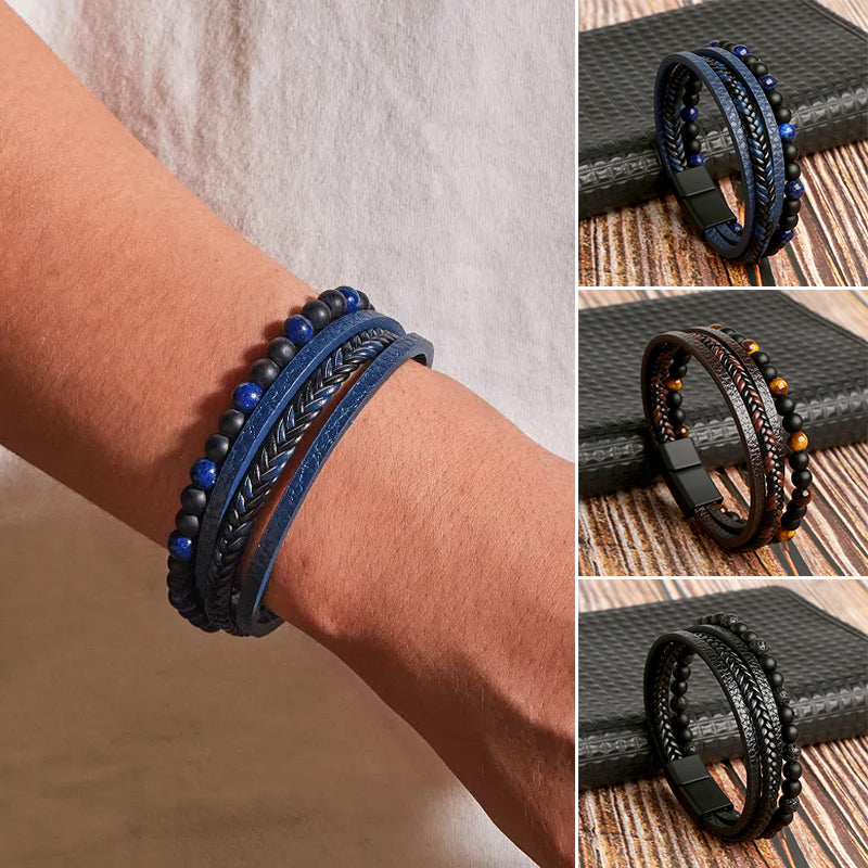 Unisex natural obsidian healing magnetic buckle bracelet, close-up, showing stone texture