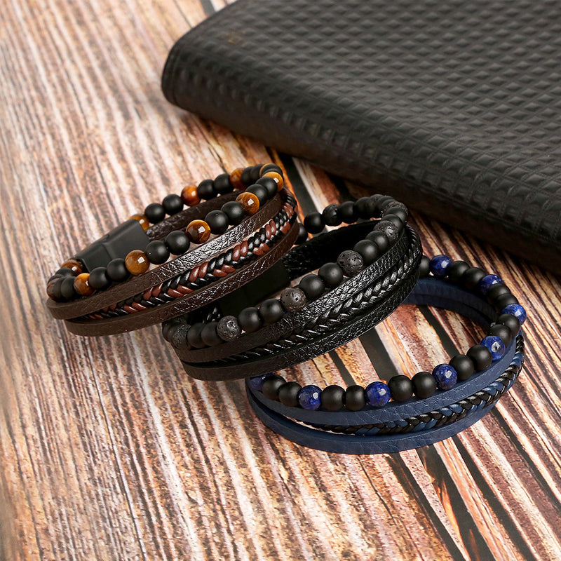 Elegant unisex obsidian bracelet, polished stones with strong magnetic buckle, front view