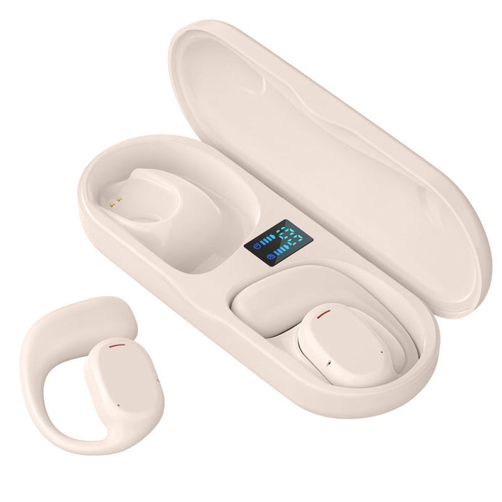 Detail of the open ear design and comfortable ear hooks of these wireless sports headphones