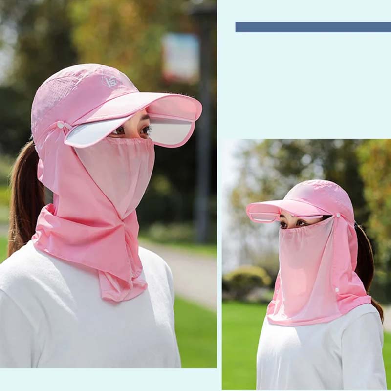 Front view of a unisex UPF 50+ sun hat, showcasing wide brim and protective neck flap