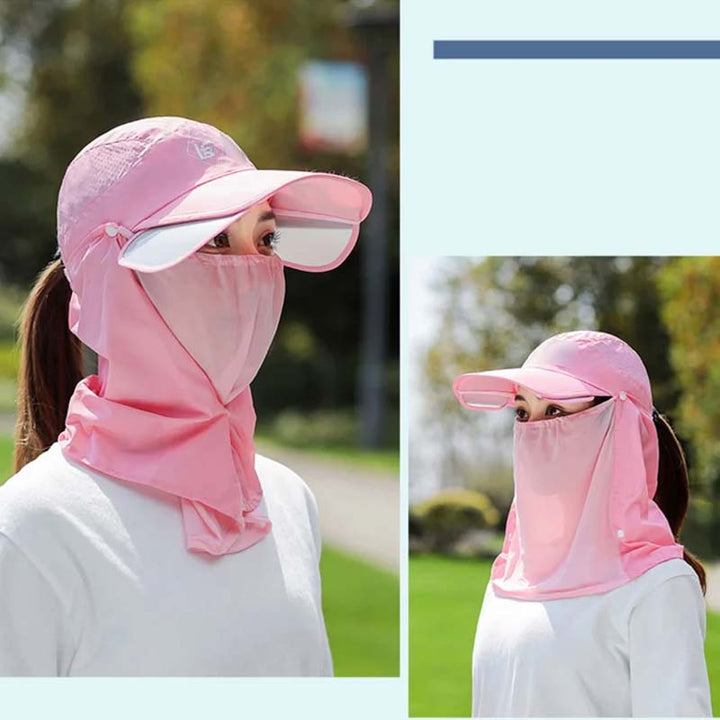 Front view of a unisex UPF 50+ sun hat, showcasing wide brim and protective neck flap