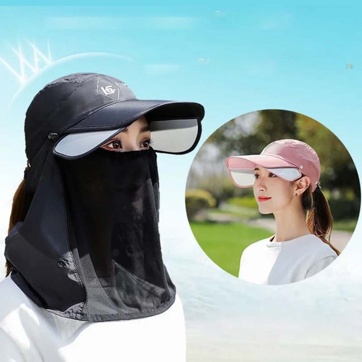 Side profile of an outdoor fishing hat with robust neck flap for enhanced sun safety
