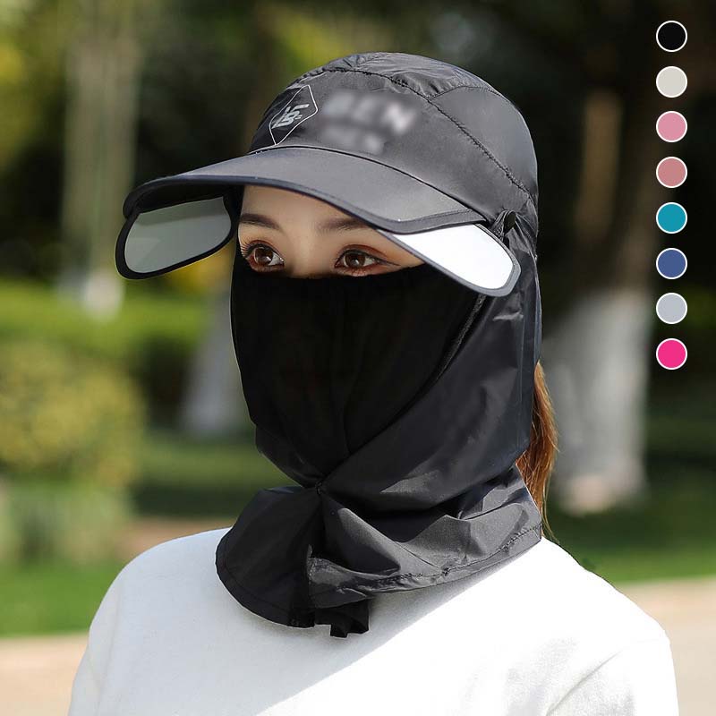 Back view of a hiking hat with a full, detachable neck flap, ensuring maximum UV protection