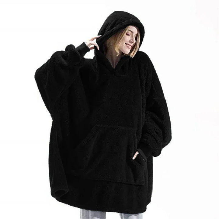 Plush unisex blanket hoodie, designed for extreme comfort & warmth during cold winter or fall days.