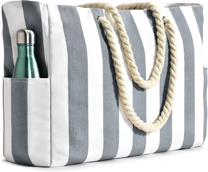 Roomy sandproof tote, excellent for beach towels, swimwear, and sun protection.