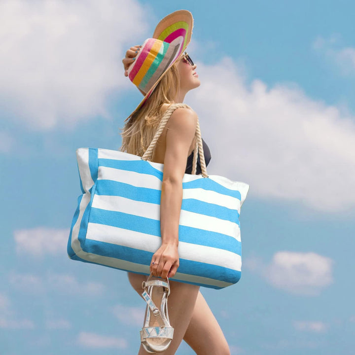 Practical oversized sandproof bag for beach, pool, or travel.
