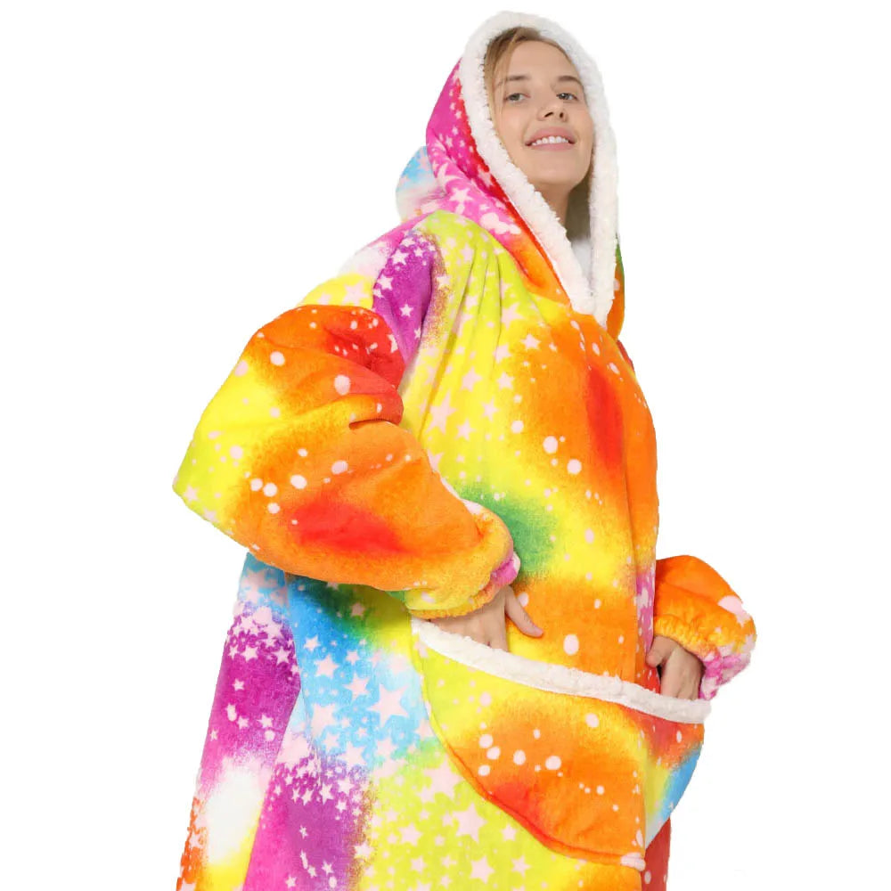 Unisex oversized wearable blanket with hood and pockets for ultimate cozy comfort.