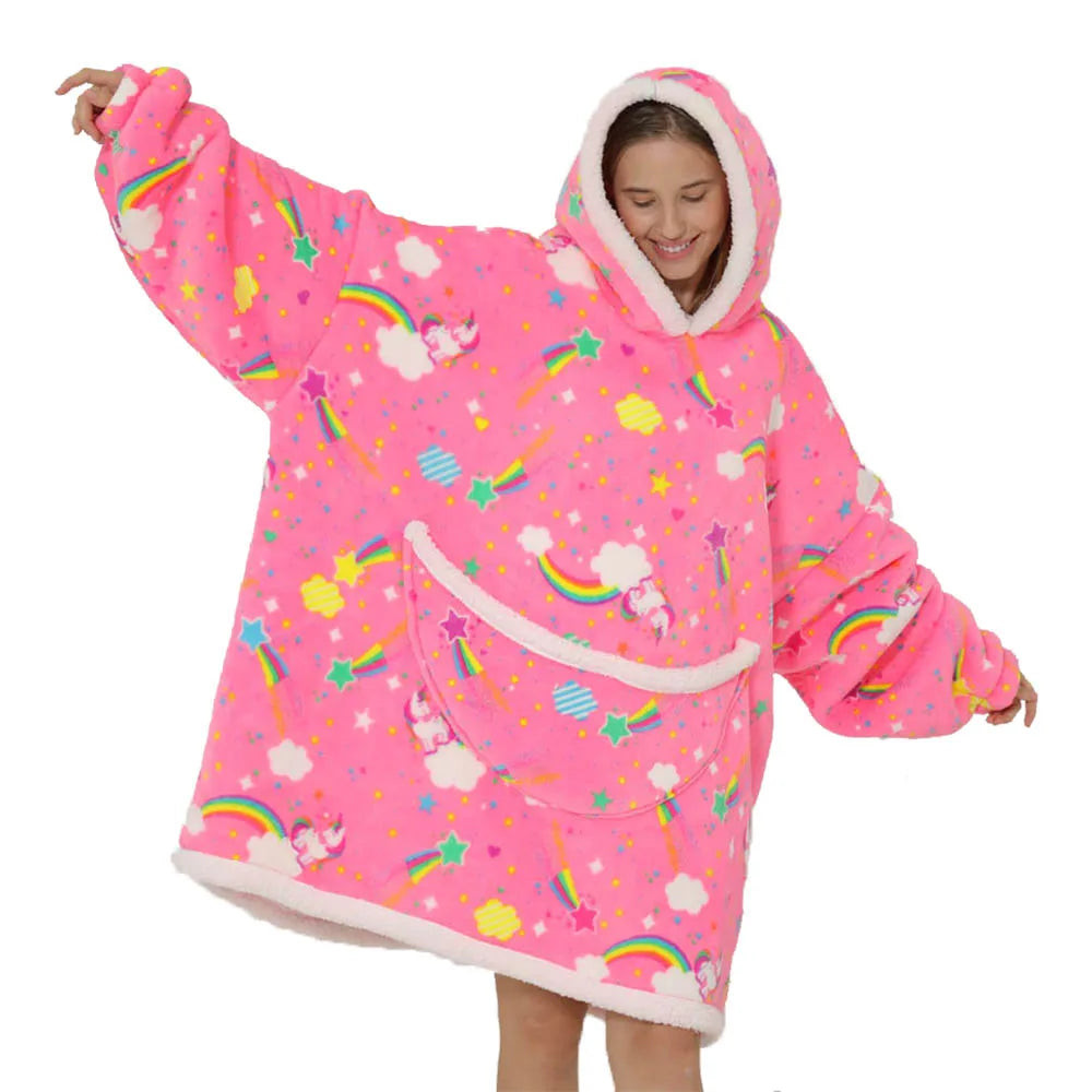 Cozy wearable blanket with spacious hood & large pockets for ultimate relaxation.