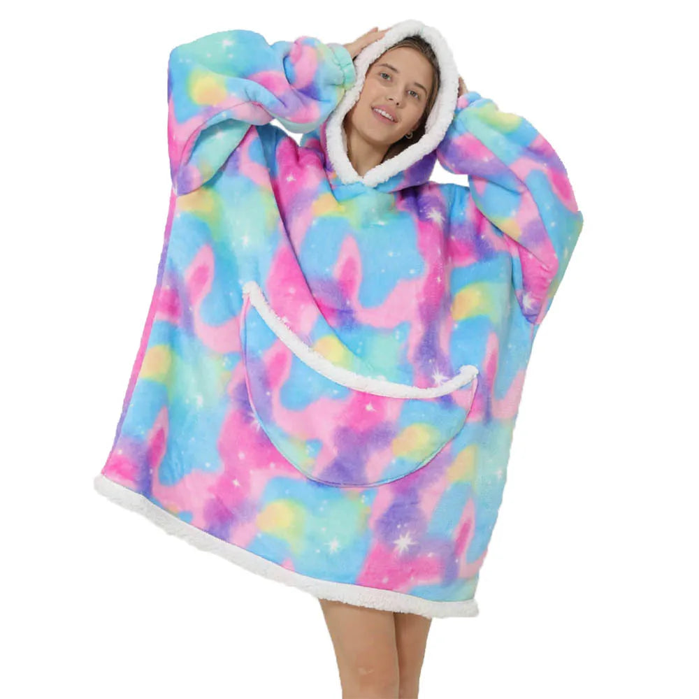 Perfect gift: oversized wearable blanket with hood & pockets for cozy winter snuggles.