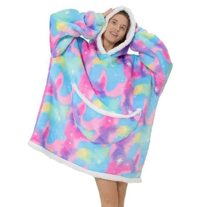 Perfect gift: oversized wearable blanket with hood & pockets for cozy winter snuggles.