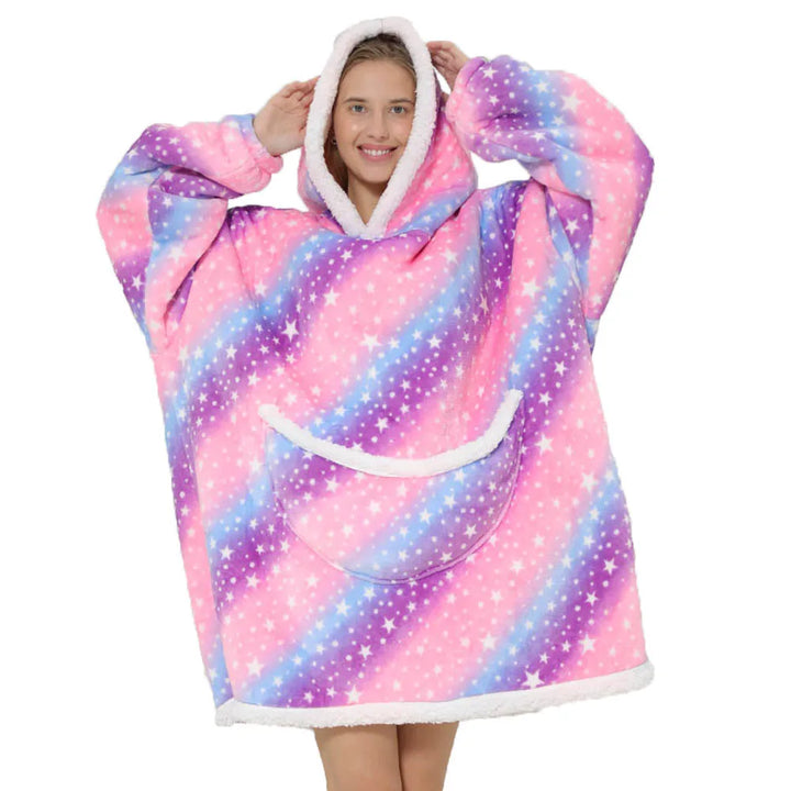 Soft fleece oversized wearable blanket, a cozy adult hoodie blanket with hood & pockets.