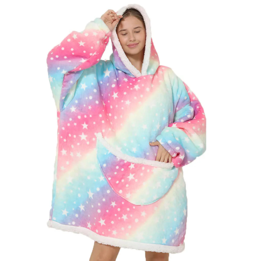 Versatile oversized hoodie blanket with pockets, ideal for warmth & home comfort.