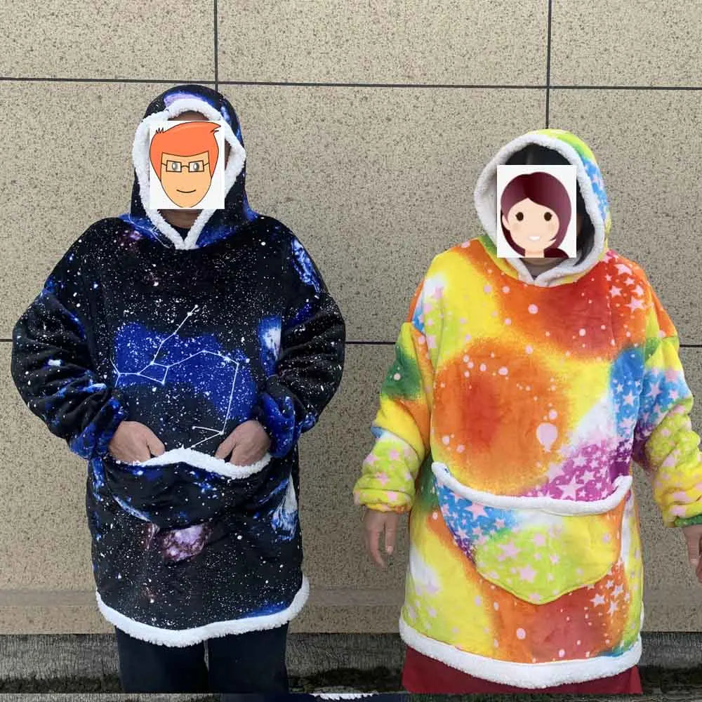 Cozy oversized wearable blanket with hood and pockets for adults, unisex design.