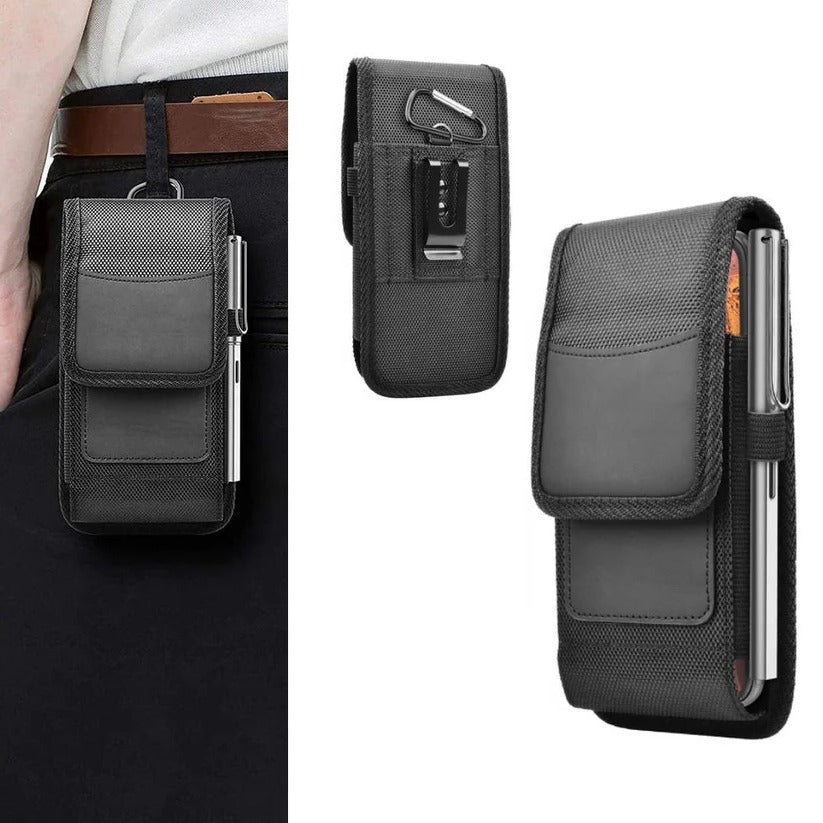 Secure RFID blocking phone holster belt clip pouch for hands-free mobile carrying.