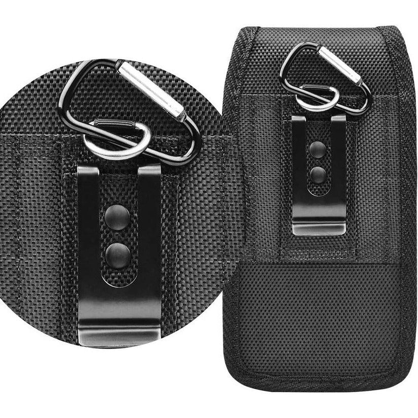 RFID blocking cell phone pouch with belt clip, offering secure hands-free mobile storage.