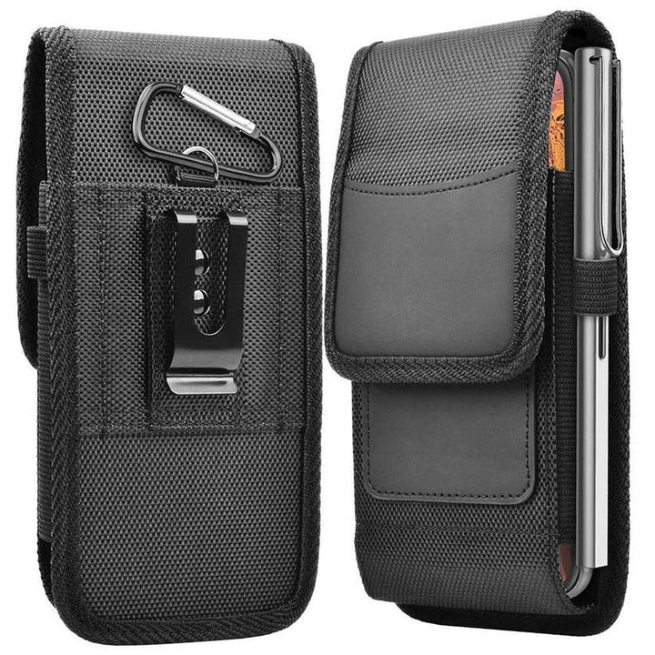 Hands-free cell phone holder with a secure belt clip and versatile storage pouch.