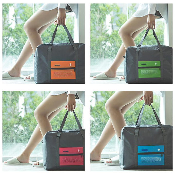 Collection of unisex packable travel duffel bags in various colors, folded and unfolded