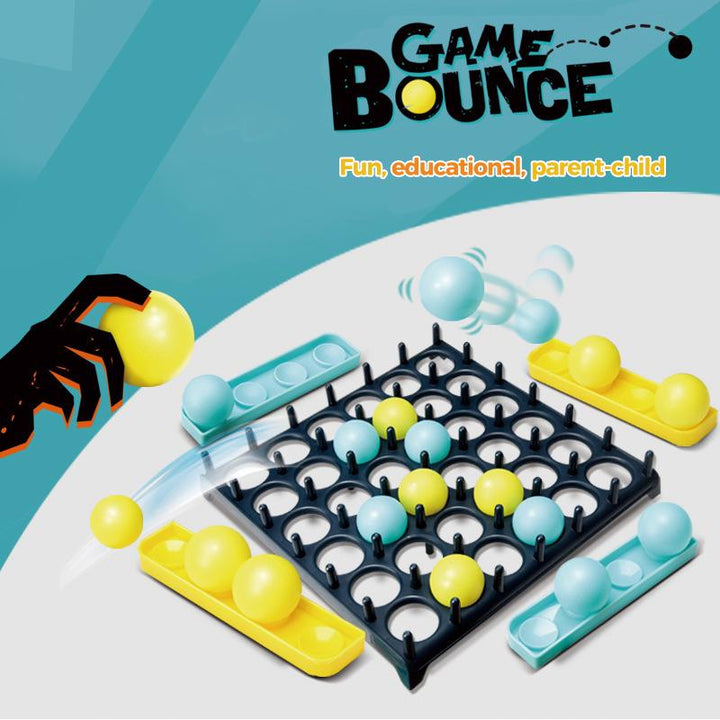 Close-up of bouncing ball landing in grid, Unisex Party Game, tabletop skill toy, interactive fun (80-120 chars)