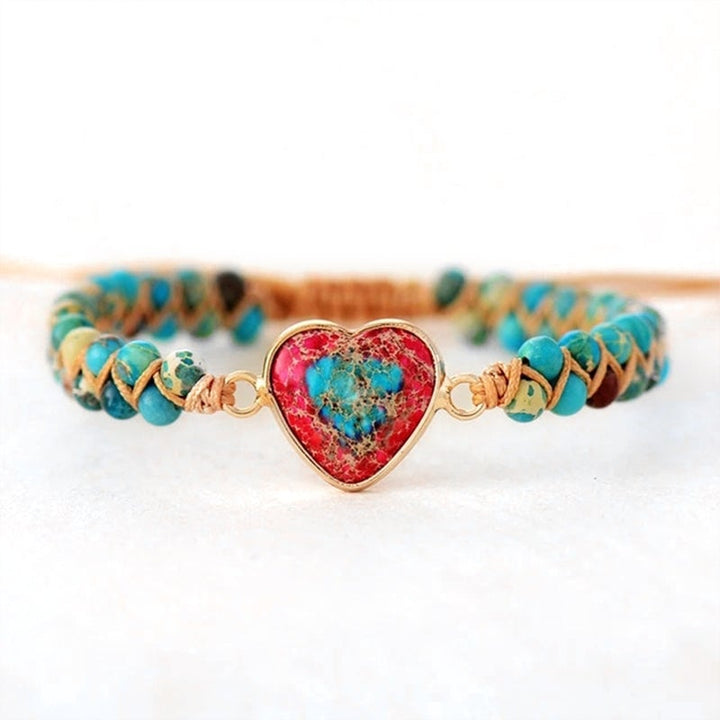Unisex Passionate Heart Bracelet featuring a unique red jasper heart and natural imperial jasper
