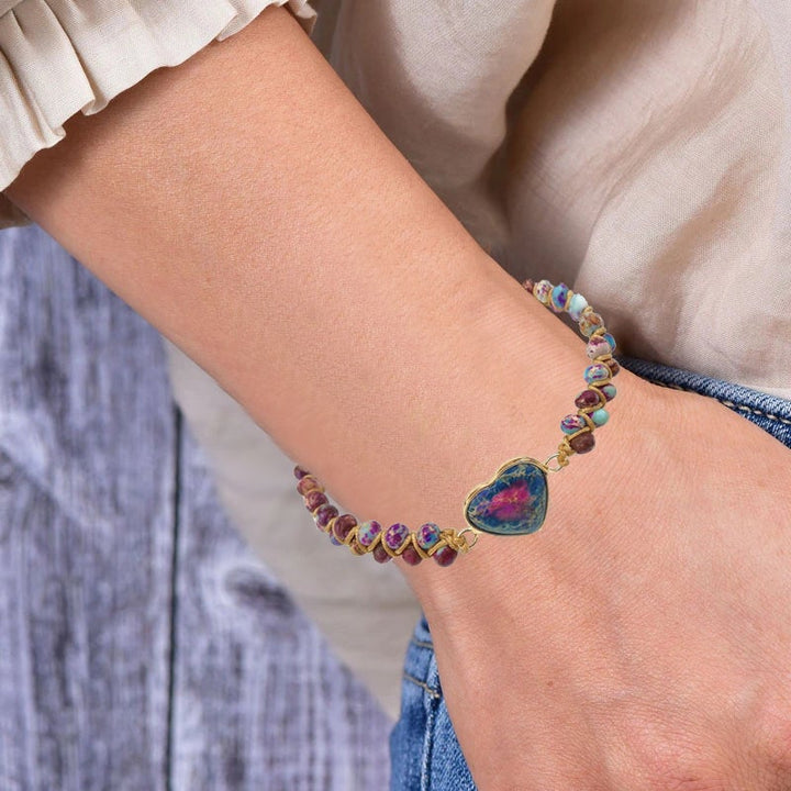Stylish Unisex Passionate Heart Charm Bracelet featuring earthy red jasper and imperial jasper