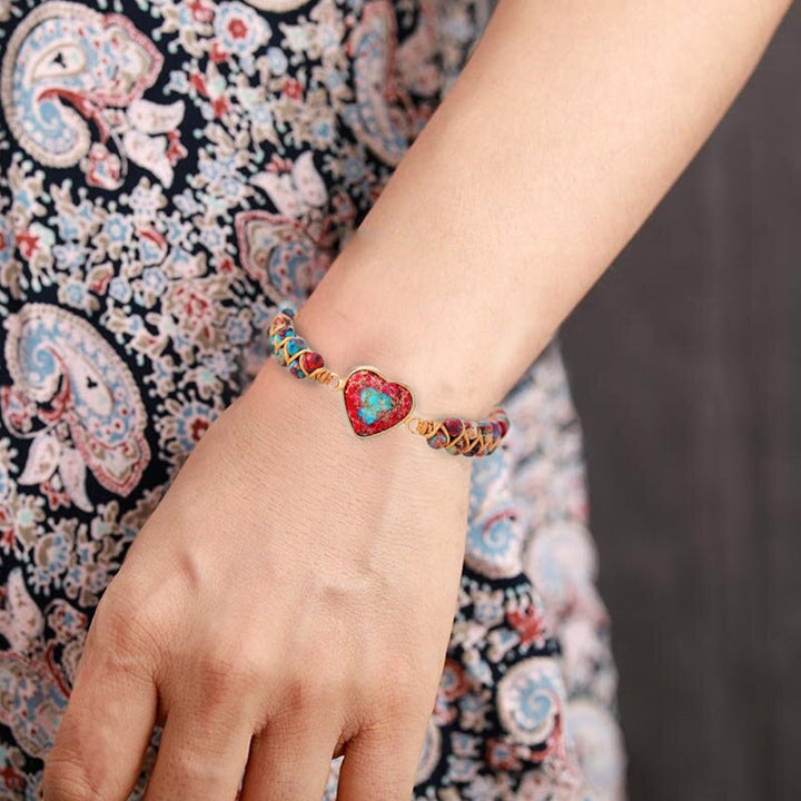 Adjustable Unisex bracelet with red jasper heart and natural gemstone beads, perfect gift