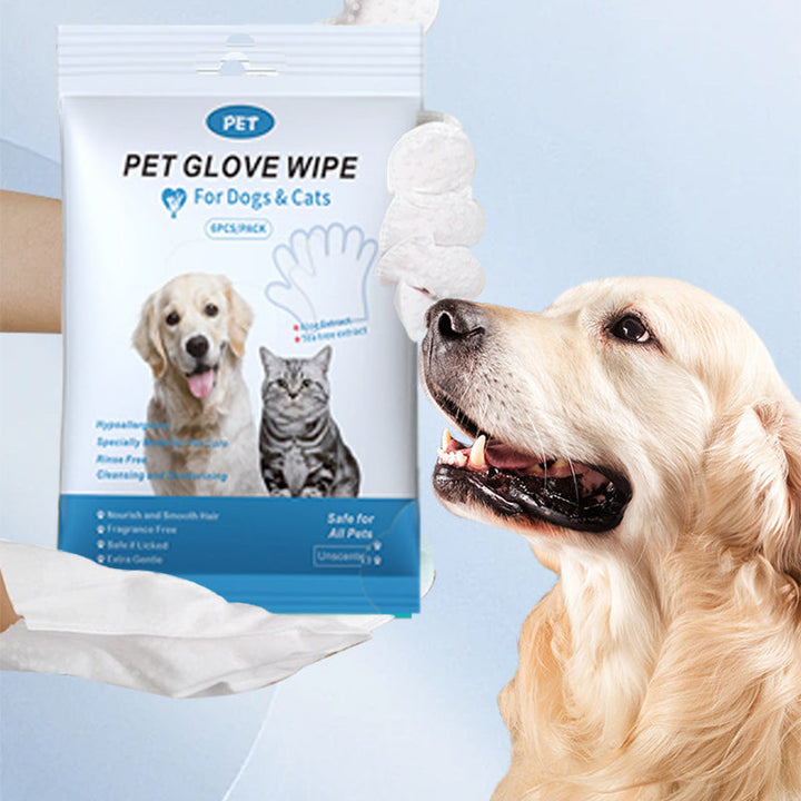 Disposable grooming glove wipes for pets, perfect for waterless dog & cat cleaning